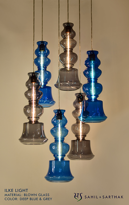 Ilke Lamp in Blue & Grey Blown Glass  by Sahil & Sarthak